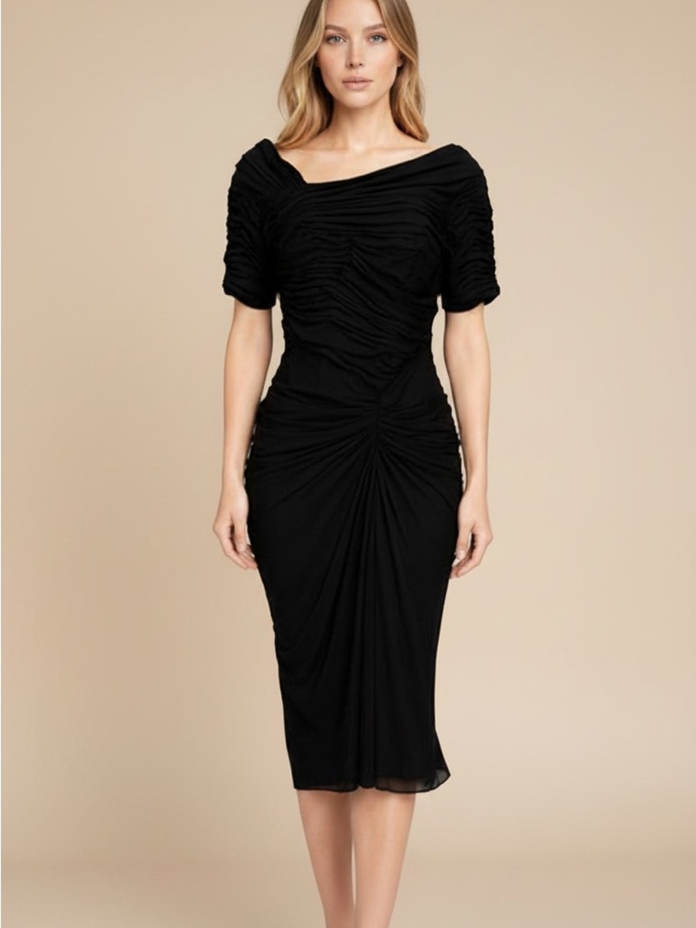 Tadashi Shoji Ruched Midi Dress Black Asymmetrical Neck M